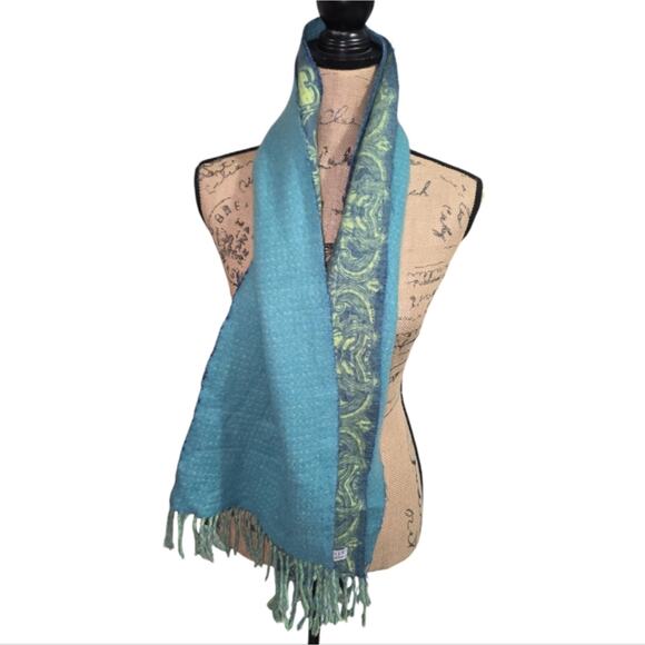 Amicale 100% CASHMERE Designer Blue and Green Patterned Scarf - Picture 3 of 6